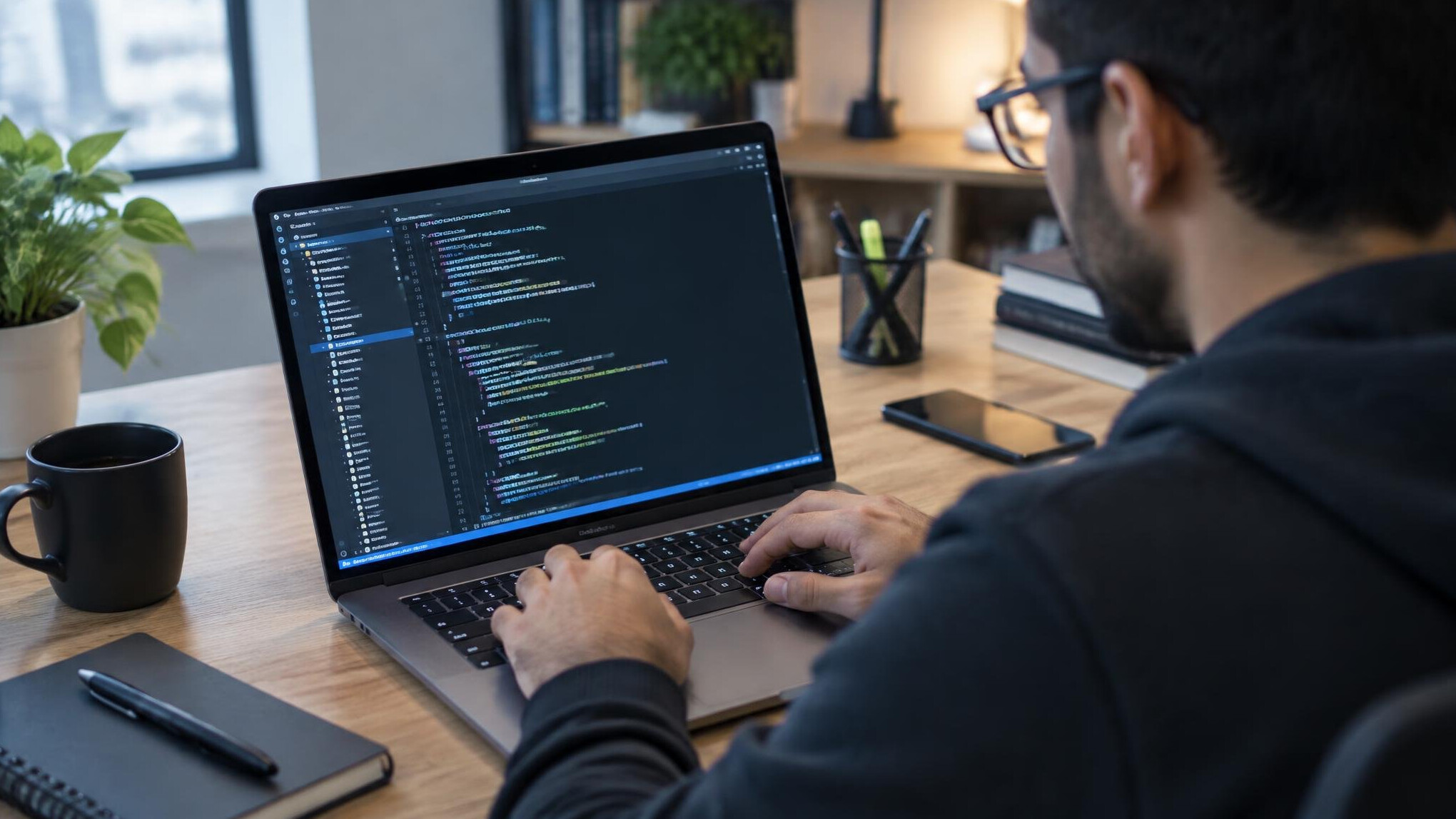 programmer coding on laptop