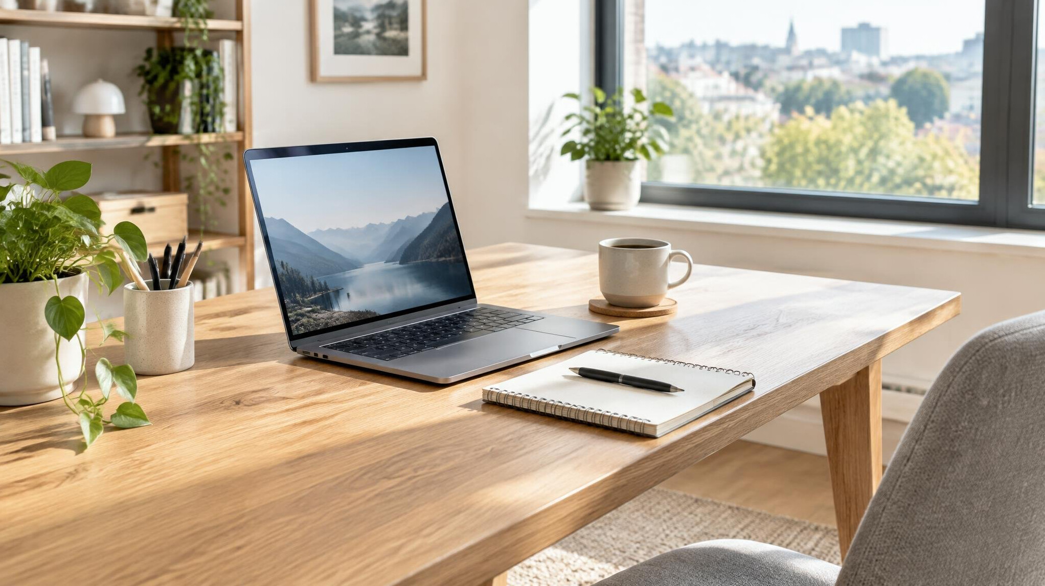 Bright modern office workspace with laptops and notes on desk