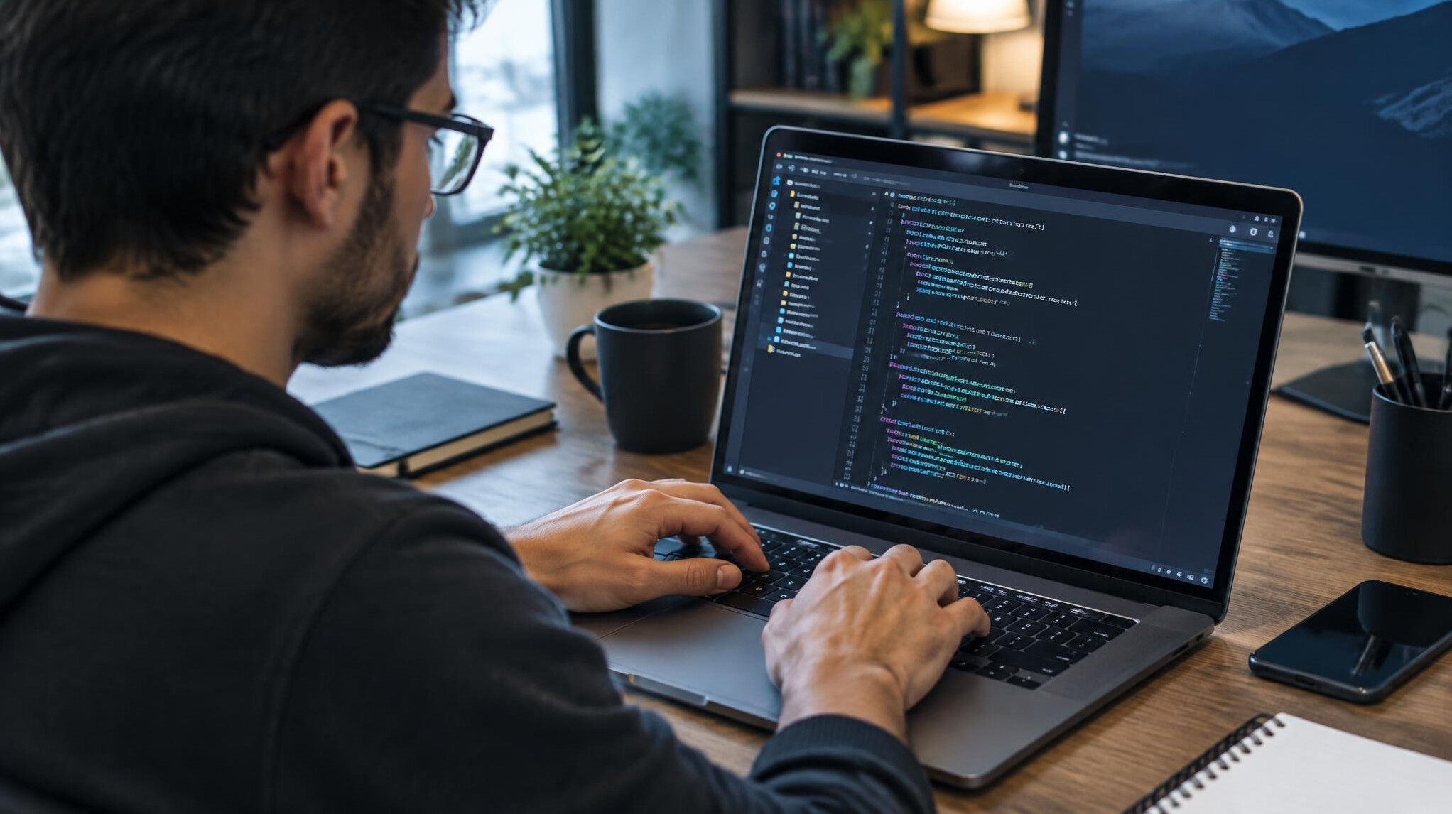programmer coding on laptop